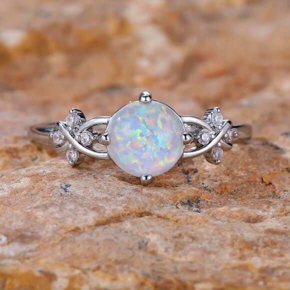 NEW 14k White Gold Round White Opal Diamond Ring Band - Picture 2 of 4